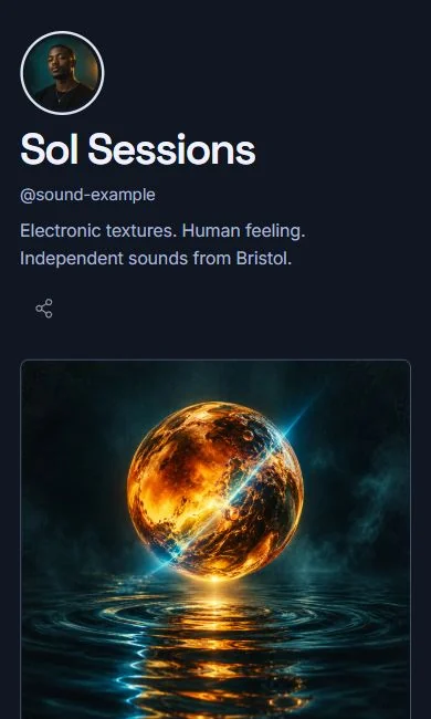 The Sound template, a dark page with a release card and a first listen.