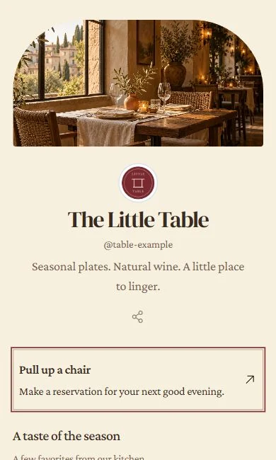 Table, a warm editorial page for a restaurant